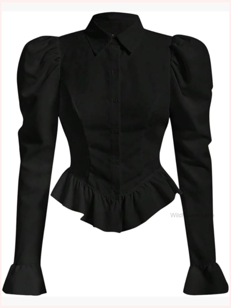 Flare Long Sleeve Button Down Blouse Asymmetrical Ruffle Hem Top